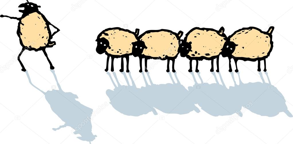 Woodcut Illustration of Leader Leading Flock of Sheep