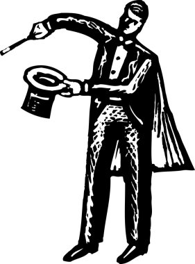 silindir şapkalı, cape ve baston ile büyücü gravür çizimi