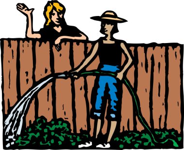 Woodcut Illustration of Women Neighbors Talking Over Fence clipart