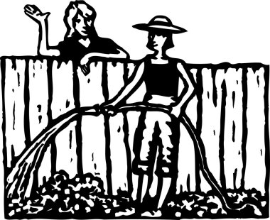 Woodcut Illustration of Women Neighbors Talking Over Fence clipart