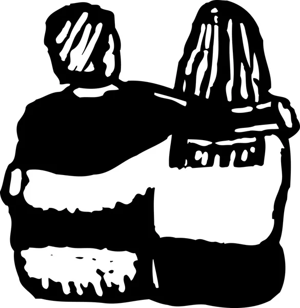 Woodcut Ilustración de pareja sentada en tierra con los brazos alrededor de la otra — Vector de stock