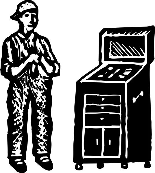 Ilustración de Woodcut del mecánico automático que trabaja en el coche en el elevador — Vector de stock