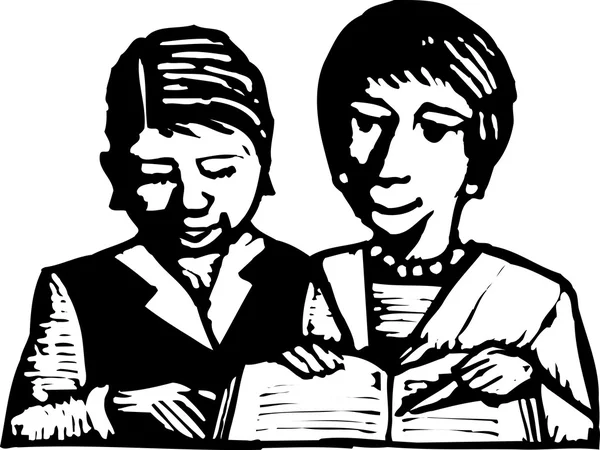 Woodcut Ilustración de dos mujeres mirando un libro de calendario — Vector de stock