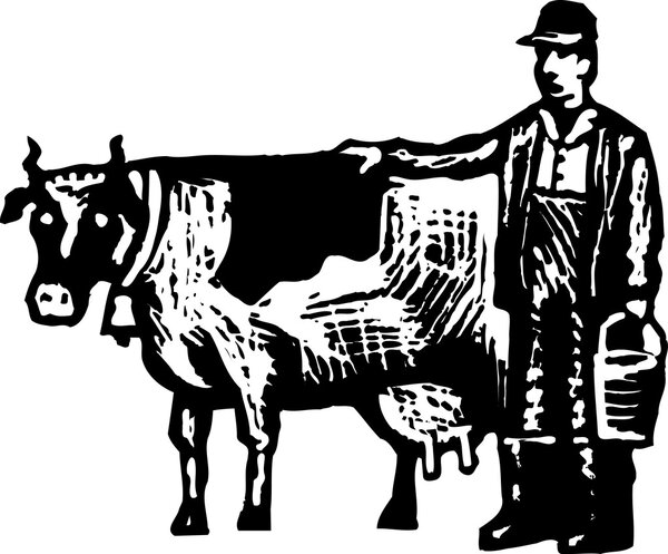 Woodcut Illustration of Farmer with Milking Cow and Milk Bucket