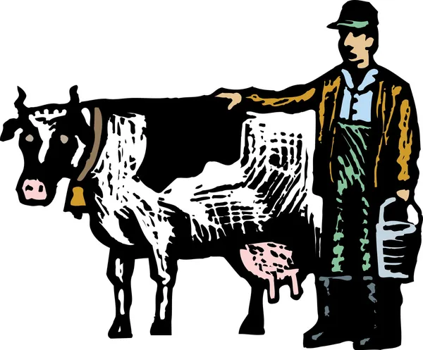 Ilustração Woodcut do agricultor com vacas leiteiras e balde de leite —  Vetores de Stock