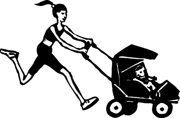 Woodcut Ilustración de mamá corriendo y empujando bebé cochecito — Vector de stock