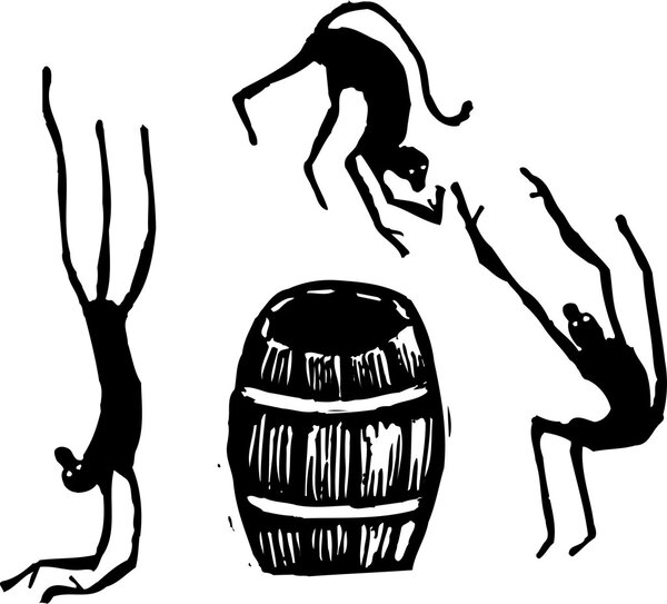 Woodcut Illustration of Barrel of Monkeys