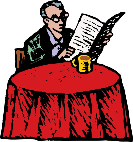 Woodcut Ilustración del hombre en el periódico de lectura de mesa — Vector de stock