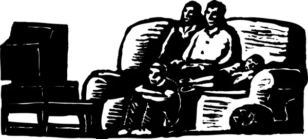 Woodcut ilustração da família assistindo televisão —  Vetores de Stock