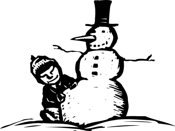 Woodcut Ilustración de niño haciendo un muñeco de nieve — Vector de stock