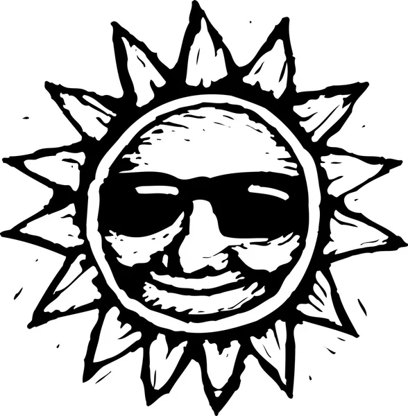 Woodcut Illustration of Sun Wearing Sunglasses — Stock Vector