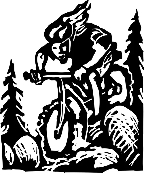 Holzschnitt Illustration des Mountainbiking — Stockvektor