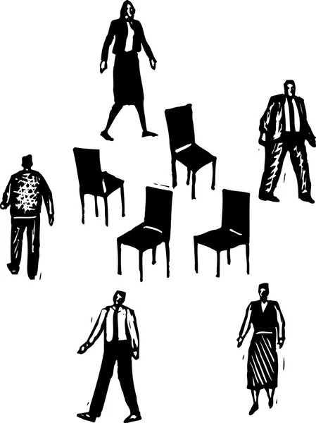 Woodcut Ilustración de los trabajadores de oficina tocando sillas musicales — Vector de stock