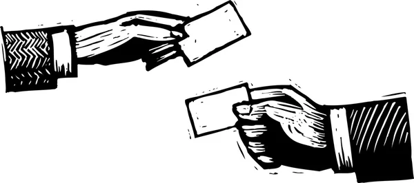Ξυλογραφία απεικόνιση των χεριών ανταλλάσσοντας τις επαγγελματικές κάρτες — Διανυσματικό Αρχείο