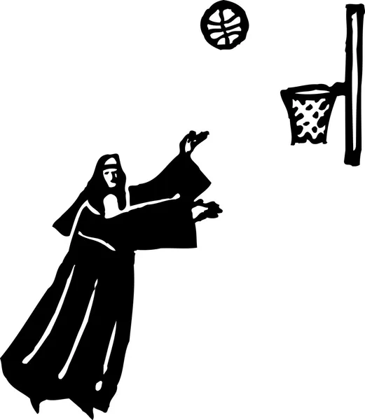 Woodcut Illustration of Nun Playing Basketball — Stock Vector