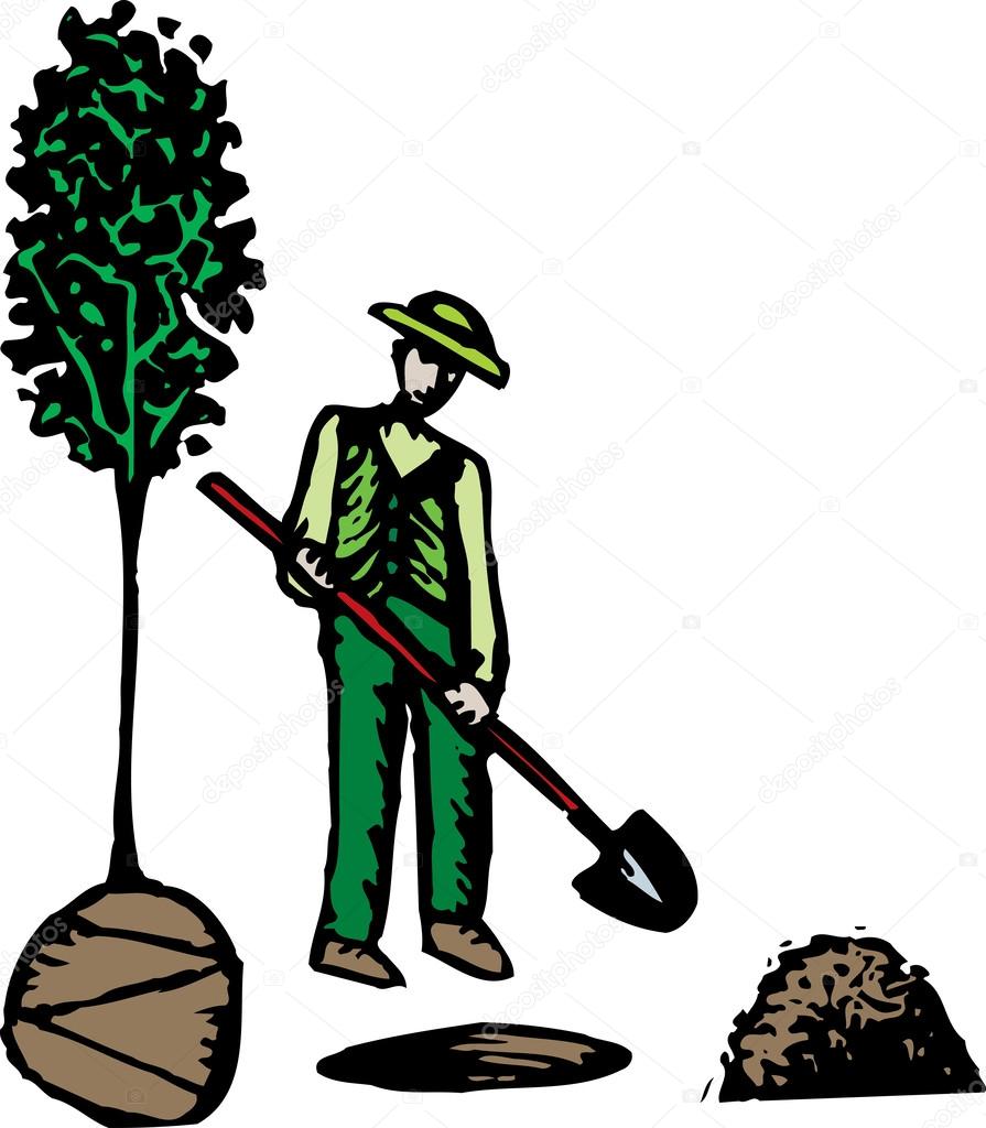 Woodcut Illustration of Planting Tree