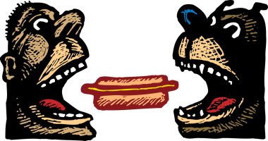 houtsnede illustratie van mens en hond eten van hotdog