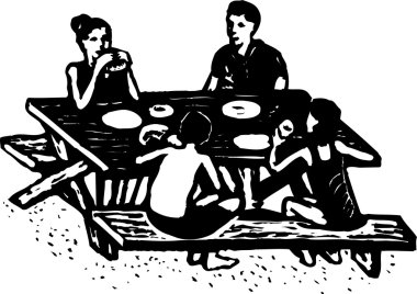 Aile pikniği gravür çizimi