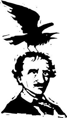 Woodcut Illustration of Edgar Allan Poe with Raven clipart