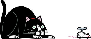 gravür illüstrasyon kedi oyuncak fare saldırmaya hazır