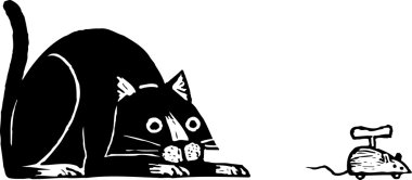gravür illüstrasyon kedi oyuncak fare saldırmaya hazır