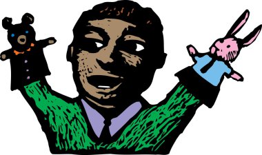 Kuklalar ile oynayan çocuk gravür çizimi