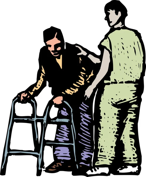 Woodcut Illustration of Male Nurse Helping Man with Walker — Stock Vector