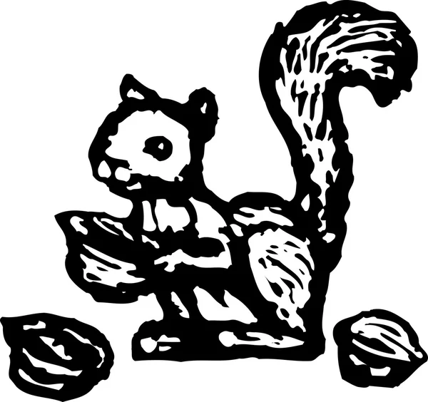 Woodcut Ilustração de esquilo com nozes — Vetor de Stock