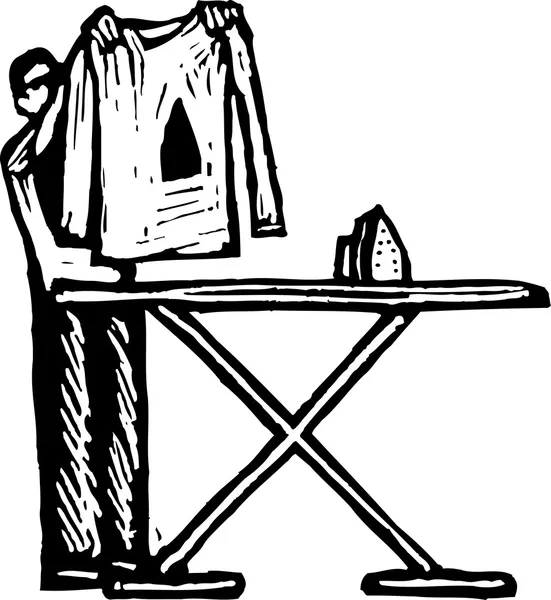 Drzeworyt ilustracja mężczyzna prasowanie koszuli — Wektor stockowy