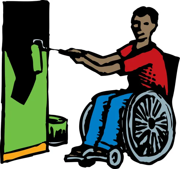 Woodcut Illustration of Disabled Man in Wheelchair Painting Wall — Stock Vector