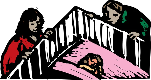 Holzschnitt-Illustration von Mutter und Vater, die schlafendes Kind beobachten — Stockvektor