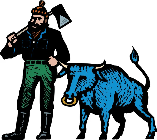 Woodcut Illustration of Paul Bunyan and His Blue Ox — Stock Vector