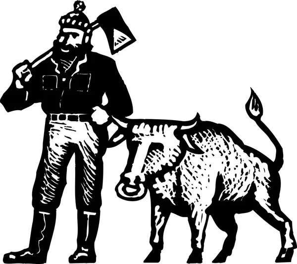 Paul bunyan ve onun mavi ox gravür çizimi — Stok Vektör