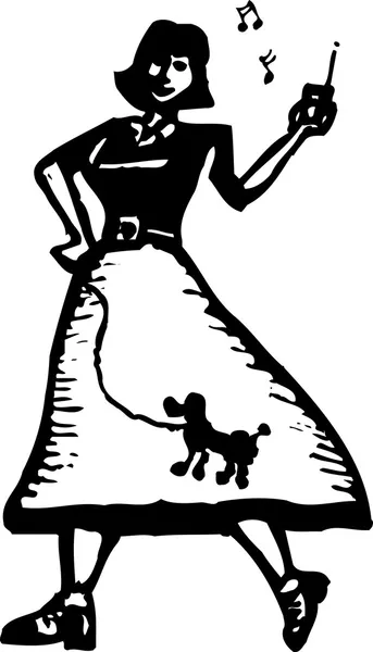 Träsnitt illustration av 1950-talet kvinna bär pudel kjol — Stock vektor