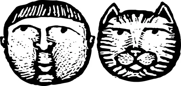 Illustrazione Woodcut di Boy e Tabby Cat — Vettoriale Stock