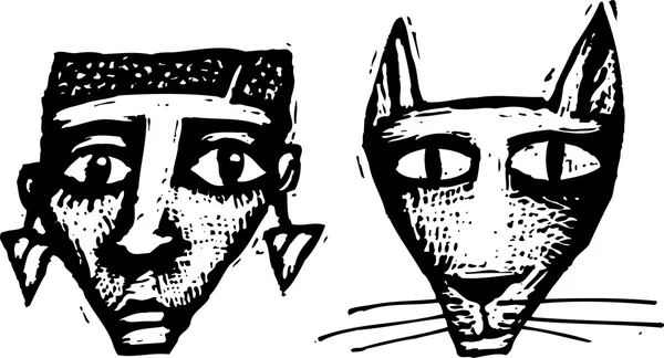 女人和猫的木刻插图 — 图库矢量图片