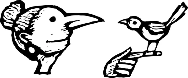 女性とペットの鳥の木版画イラスト — ストックベクタ