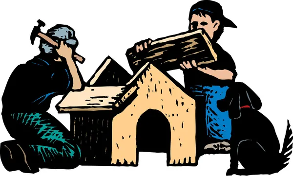 Woodcut Ilustración de dos niños y un perro construyendo una casa para perros — Vector de stock