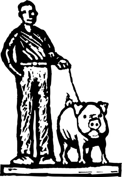 Woodcut Ilustração do Homem com Porco Pet — Vetor de Stock