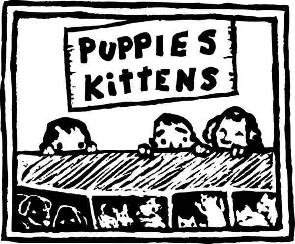Деревянная иллюстрация детей, смотрящих в окно зоомагазина на щенков и котят — стоковый вектор