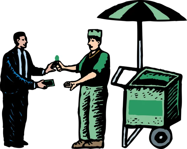 Woodcut Illustration of Cart Vendor Selling Pickles — Stock Vector