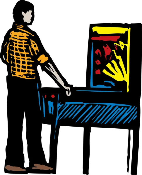Woodcut ilustração de adolescente menino jogar pinball — Vetor de Stock
