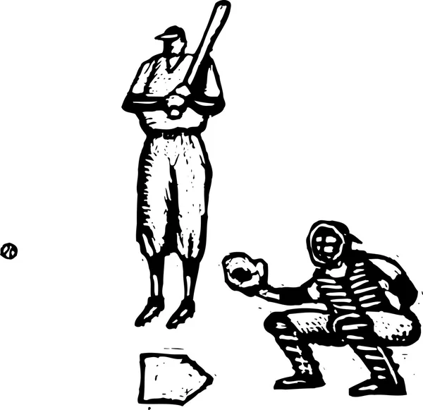 Woodcut Illustration of Baseball Player Batting and Catcher — Vector de stoc