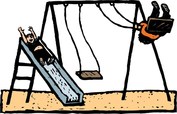 Ilustração Woodcut de crianças brincando no balanço e deslize no parque — Vetor de Stock