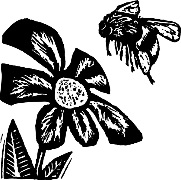 Woodcut Ilustración de la abeja conseguir polen de la flor — Vector de stock