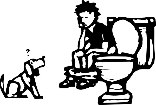 Träsnitt illustration av pojke sitta på toaletten med hund — Stock vektor