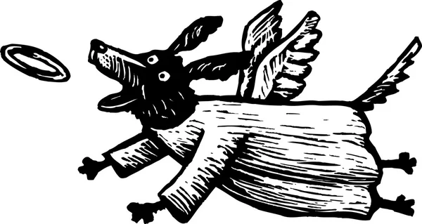 Woodcut Illustrazione di Angel Dog Chasing Halo — Vettoriale Stock