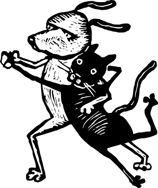 Woodcut Ilustración de baile de gato y perro — Archivo Imágenes Vectoriales