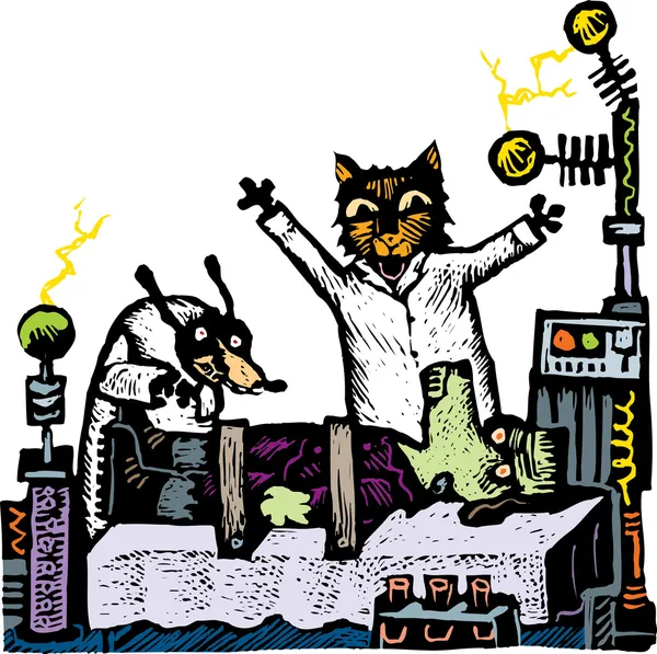 Woodcut Illustration of Cat and Dog Scientists Creating Frankendog — Stock Vector