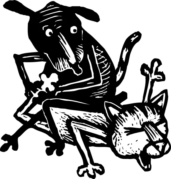Kedi ve köpek güreş gravür çizimi — Stok Vektör